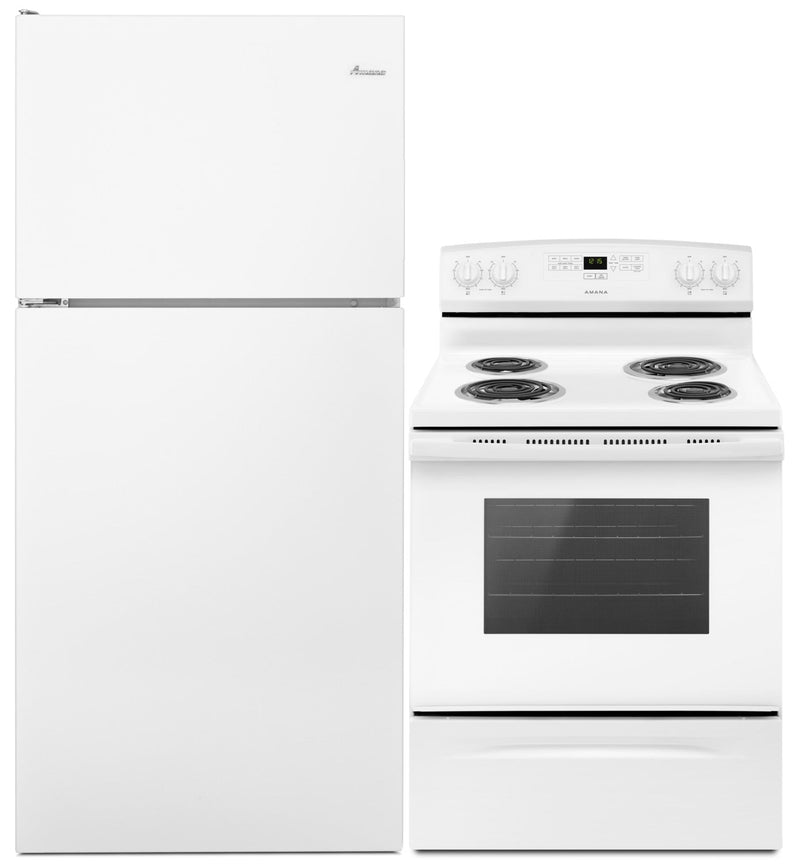 Amana 18 Cu. Ft. Top-Freezer Refrigerator and 4.8 Cu. Ft.  Electric Range - White|Réfrigérateur de 18 pi³ à congélateur supérieur et Cuisinière électrique amovible Amana de 4,8 pi³