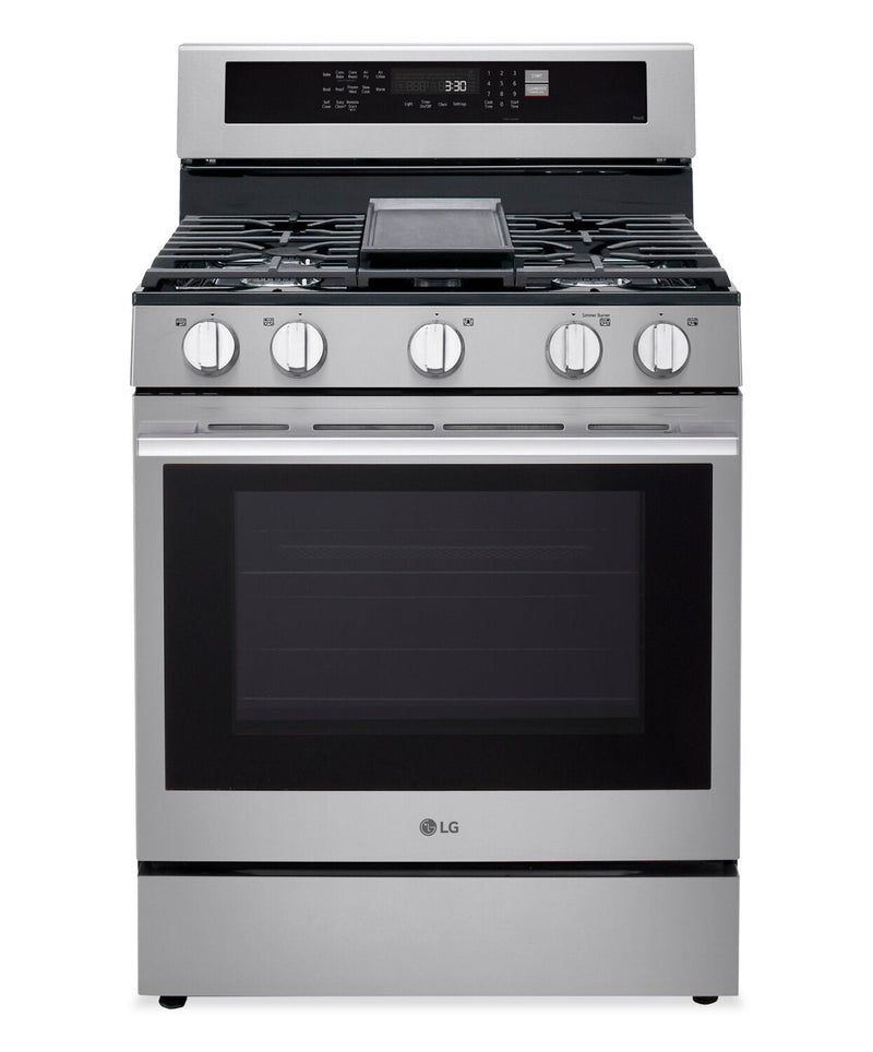 LG 6.3 Cu. Ft. Smart Gas Range with Air Fry – Fingerprint Resistant Stainless Steel - LRGN6325X | Cuisinière intelligente à gaz LG de 6,3 pi3 avec friture à air - acier inoxydable résistant aux traces de doigts - LRGN6325X