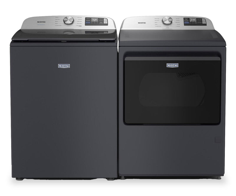 Maytag 6.0 Cu. Ft. Smart Top-Load Washer and 7.4 Cu. Ft. Electric Dryer - Midnight Steel | Laveuse intelligente à chargement par le haut de 6,0 pi³ et sécheuse électrique de 7,4 pi³ de Maytag - acier minuit