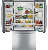 GE 33" 24.7 Cu. Ft. French-Door Refrigerator – Fingerprint Stainless Steel - GNE25JYKFS | Réfrigérateur GE de 24,7 pi3 et de 33 po à portes françaises - acier inoxydable résistant aux traces de doigts - GNE25JYKFS