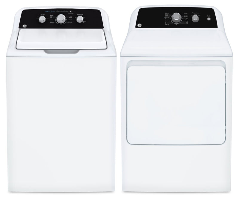 GE 4.4 Cu Ft. Top Load Washer and 6.2 Cu. Ft. Electric Dryer with SaniFresh | Laveuse à chargement par le haut de 4,4 pi3 et sécheuse électrique de 6,2 pi3 de GE avec cycle SaniFresh