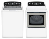 GE 4.9 Cu. Ft. Top Load Washer and 7.2 Cu. Ft. Electric Dryer with SaniFresh | Laveuse à chargement par le haut de 4,9 pi3 et sécheuse électrique de 7,2 pi3 de GE avec cycle SaniFresh