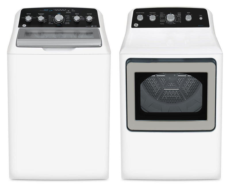 GE 4.9 Cu. Ft. Top Load Washer and 7.2 Cu. Ft. Electric Dryer with SaniFresh | Laveuse à chargement par le haut de 4,9 pi3 et sécheuse électrique de 7,2 pi3 de GE avec cycle SaniFresh