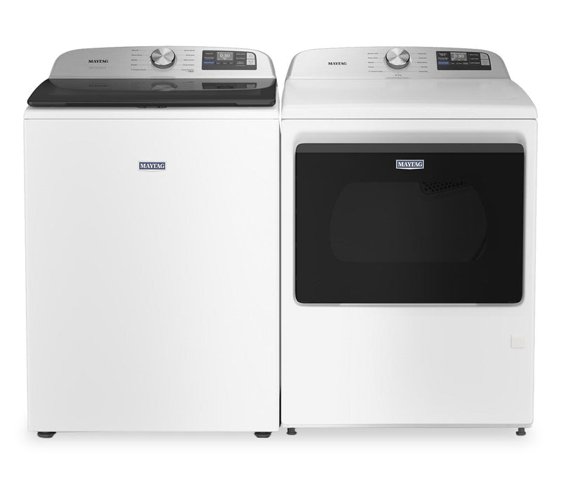 Maytag 6.0 Cu. Ft. Smart Top-Load Washer and 7.4 Cu. Ft. Electric Dryer – White  | Laveuse intelligente à chargement par le haut de 6,0 pi³ et sécheuse électrique de 7,4 pi³ de Maytag - blanches