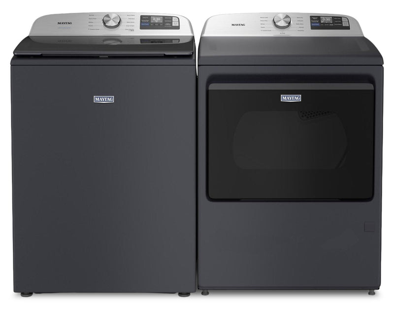 Maytag 6.0 Cu. Ft. Smart Top-Load Washer and 7.4 Cu. Ft. Gas Dryer – Midnight Steel  | Laveuse intelligente à chargement par le haut de 6,0 pi3 et sécheuse à gaz de 7,4 pi3 de Maytag - acier minuit