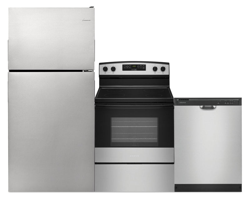 Amana Top-Freezer Refrigerator, Electric Range and Built-In Dishwasher Package | Ensemble réfrigérateur à congélateur supérieur, cuisinière électrique et lave-vaisselle encastré de Amana  | AMANA3ST