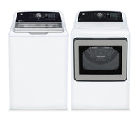 GE 5.3 Cu. Ft. Top Load Washer and 7.4 Cu. Ft. Gas Dryer - White | Laveuse à chargement par le haut de 5,3 pi3 et sécheuse à gaz de 7,4 pi3 de GE - blanches