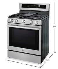 LG 6.3 Cu. Ft. Smart Gas Range with Air Fry – Fingerprint Resistant Stainless Steel - LRGN6325X | Cuisinière intelligente à gaz LG de 6,3 pi3 avec friture à air - acier inoxydable résistant aux traces de doigts - LRGN6325X