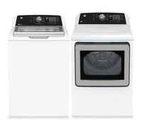 GE 5.3 Cu. Ft. Top Load Washer and 7.4 Cu. Ft. Electric Dryer - White | Laveuse à chargement par le haut de 5,3 pi3 et sécheuse électrique de 7,4 pi3 de GE - blanches