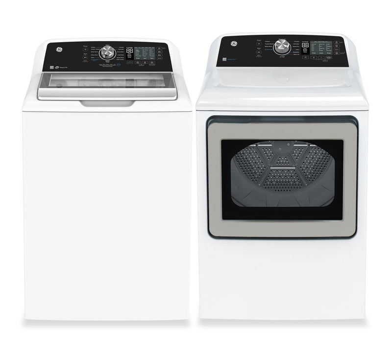 GE 5.3 Cu. Ft. Top Load Washer and 7.4 Cu. Ft. Electric Dryer - White | Laveuse à chargement par le haut de 5,3 pi3 et sécheuse électrique de 7,4 pi3 de GE - blanches