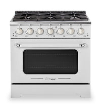 Classic Retro by Unique 36" 5.2 Cu. Ft. 6-Burner Gas Range with Convection - Marshmallow White - UGP-36CR W | Cuisinière à gaz Classic Rétro par Unique de 36 po et de 5,2 pi3 à 6 brûleurs avec convection - blanc guimauve - UGP-36CR W | UGP36CRW