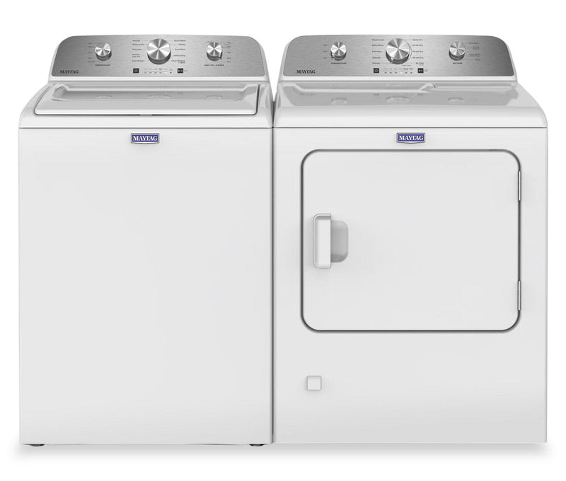 Maytag 4.8 Cu. Ft. Top Load Washer and 7.0 Cu. Ft. Gas Dryer with Wrinkle Prevent Option – White  | Laveuse à chargement par le haut 4,8 pi3 et sécheuse à gaz 7,0 pi3 avec option de prévention des plis de Maytag - blanches