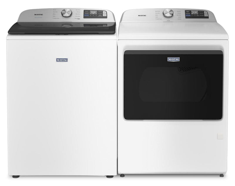 Maytag 6.0 Cu. Ft. Smart Top-Load Washer and 7.4 Cu. Ft. Gas Dryer – White  | Laveuse intelligente à chargement par le haut de 6,0 pi3 et sécheuse à gaz de 7,4 pi3 de Maytag - blanches
