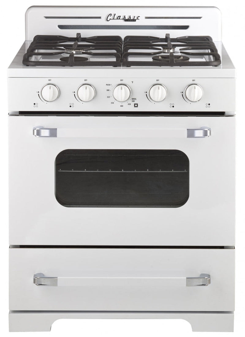 Off-Grid Classic Retro by Unique 30” Propane Range with Battery Ignition - UGP-30CR OF1 W | Cuisinière gaz propane Classic Rétro hors réseau par Unique 30 po avec allumage à pile - UGP-30CR OF1 W | D79GAIA6