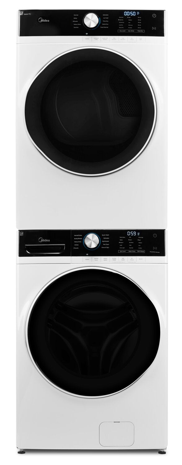 Midea 5.2 Cu. Ft. Washer and 8 Cu. Ft. Electric Dryer with Stacking Kit - White | Laveuse de 5,2 pi³ et sécheuse électrique de 8 pi³ Midea avec ensemble de superposition | MITL52WP