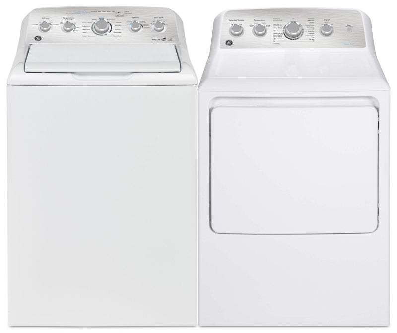 GE 4.9 Cu. Ft. Top Load Washer and 7.2 Cu. Ft. Gas Dryer – White | Laveuse à chargement par le haut de 4,9 pi³ et sécheuse à gaz de 7,2 pi³ de GE - blanches | GETL490G