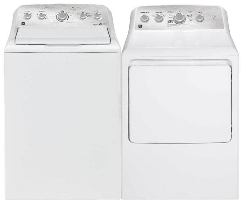 GE 4.9 Cu. FT. Top Load Washer and 7.2 Cu. Ft. Electric Dryer – White | Laveuse à chargement par le haut de 4,9 pi3 et sécheuse électrique de 7,2 pi3 de GE - blanches | GETL490W