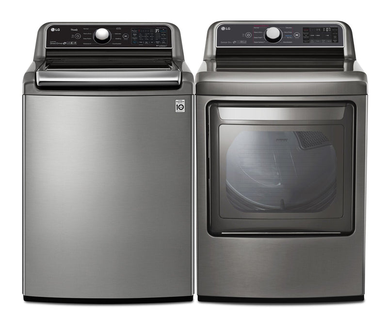LG 5.6 Cu. Ft. Top-Load Washer and 7.3 Cu. Ft. Electric Dryer - Grey | Laveuse à chargement par le haut de 5,6 pi3 et sécheuse électrique de 7,3 pi3 de LG - blanches | LGTA7305