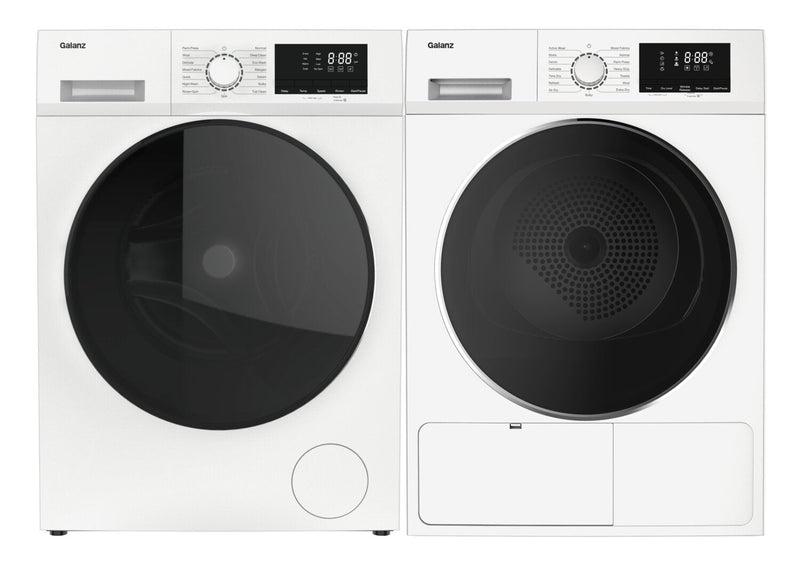 Galanz 2.2 Cu. Ft Front-Load Washer and 3.8 Cu. Ft. Front-Load Dryer – White | Laveuse à chargement frontal 2,2 pi³ et sécheuse à chargement frontal 3,8 pi³ de Galanz - blanches | GAFL22WW