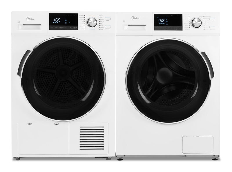 Midea 3.1 Cu. Ft. Front-Load Washer and 4.4 Cu. Ft. Ventless Heat Pump Dryer – White | Laveuse à chargement frontal 3,1 pi³ et sécheuse 4,4 pi³ et sans conduit de ventilation de Midea | MIFL27NW